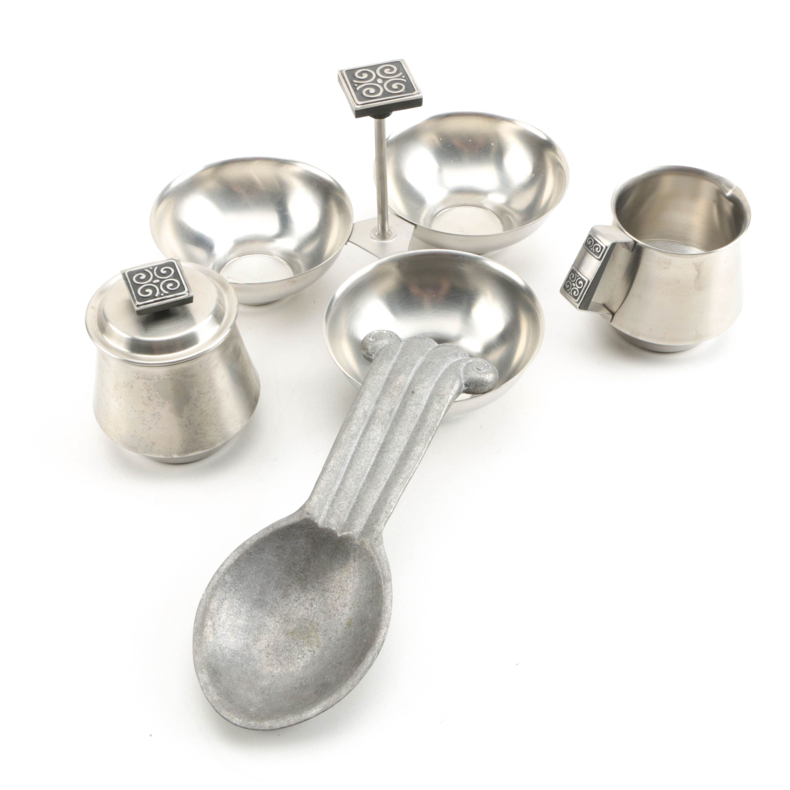 Stainless Steel Serving Pieces and Metal Spoon Rest