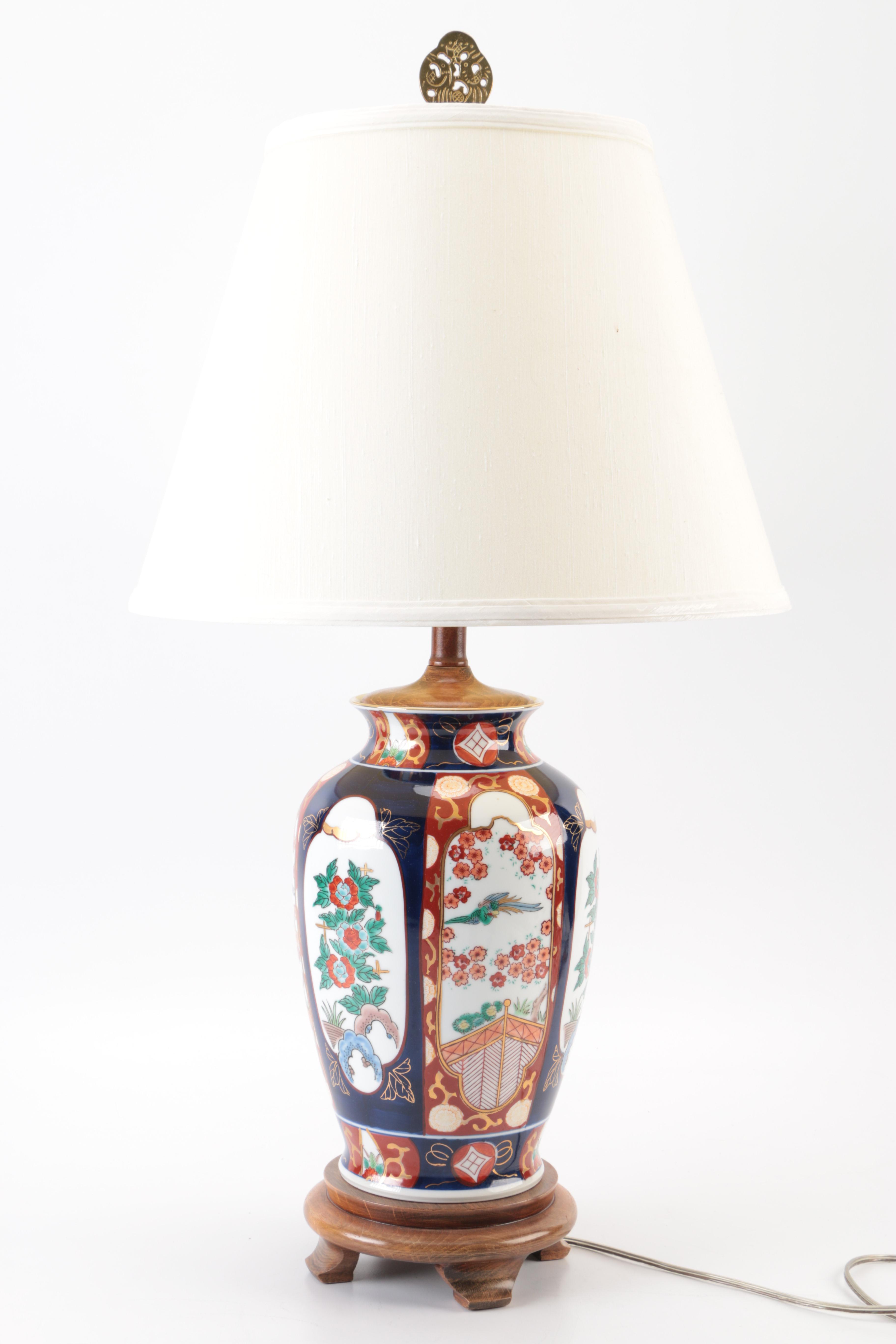 Japanese Porcelain Table Lamp with Wooden Base