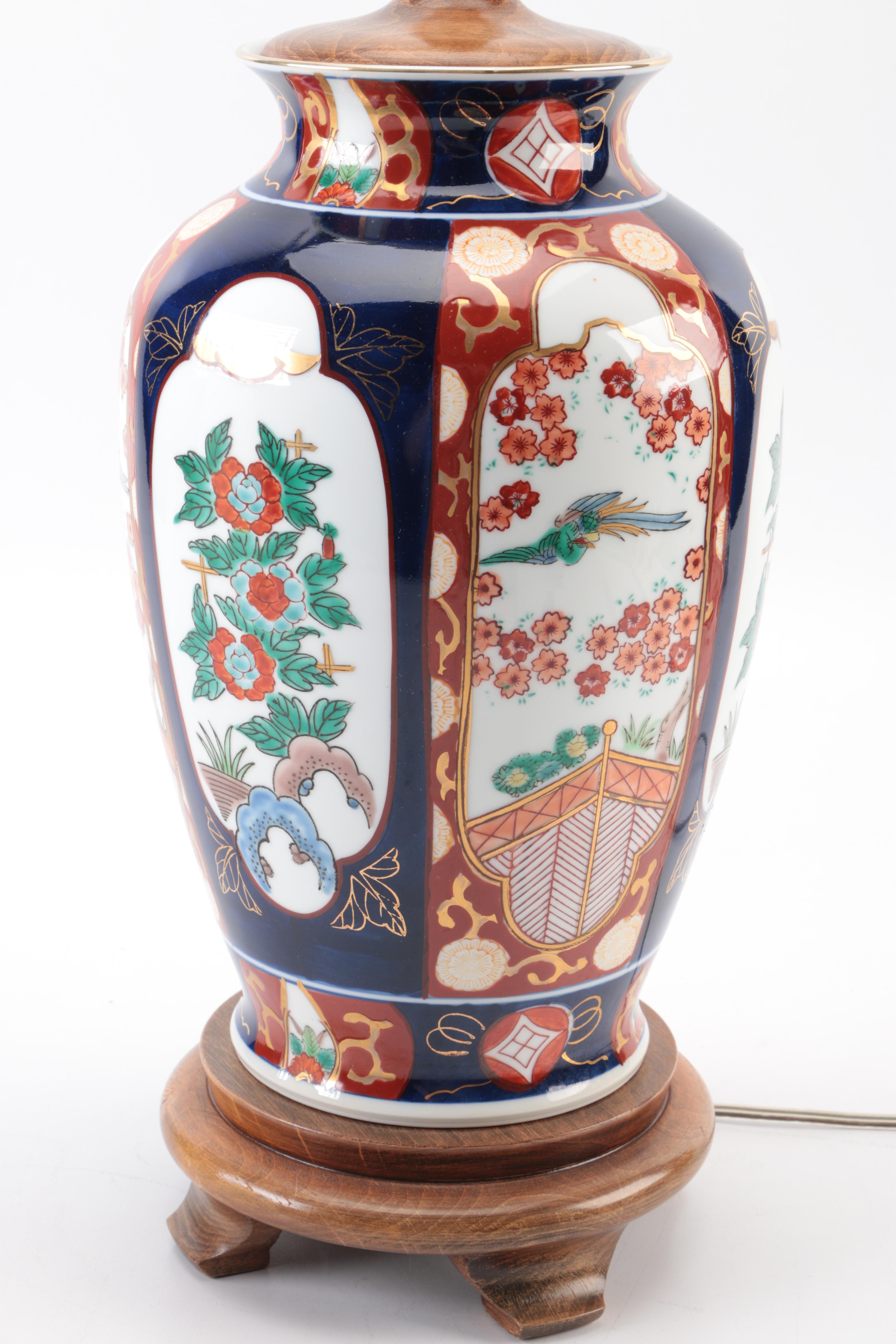 Japanese Porcelain Table Lamp with Wooden Base