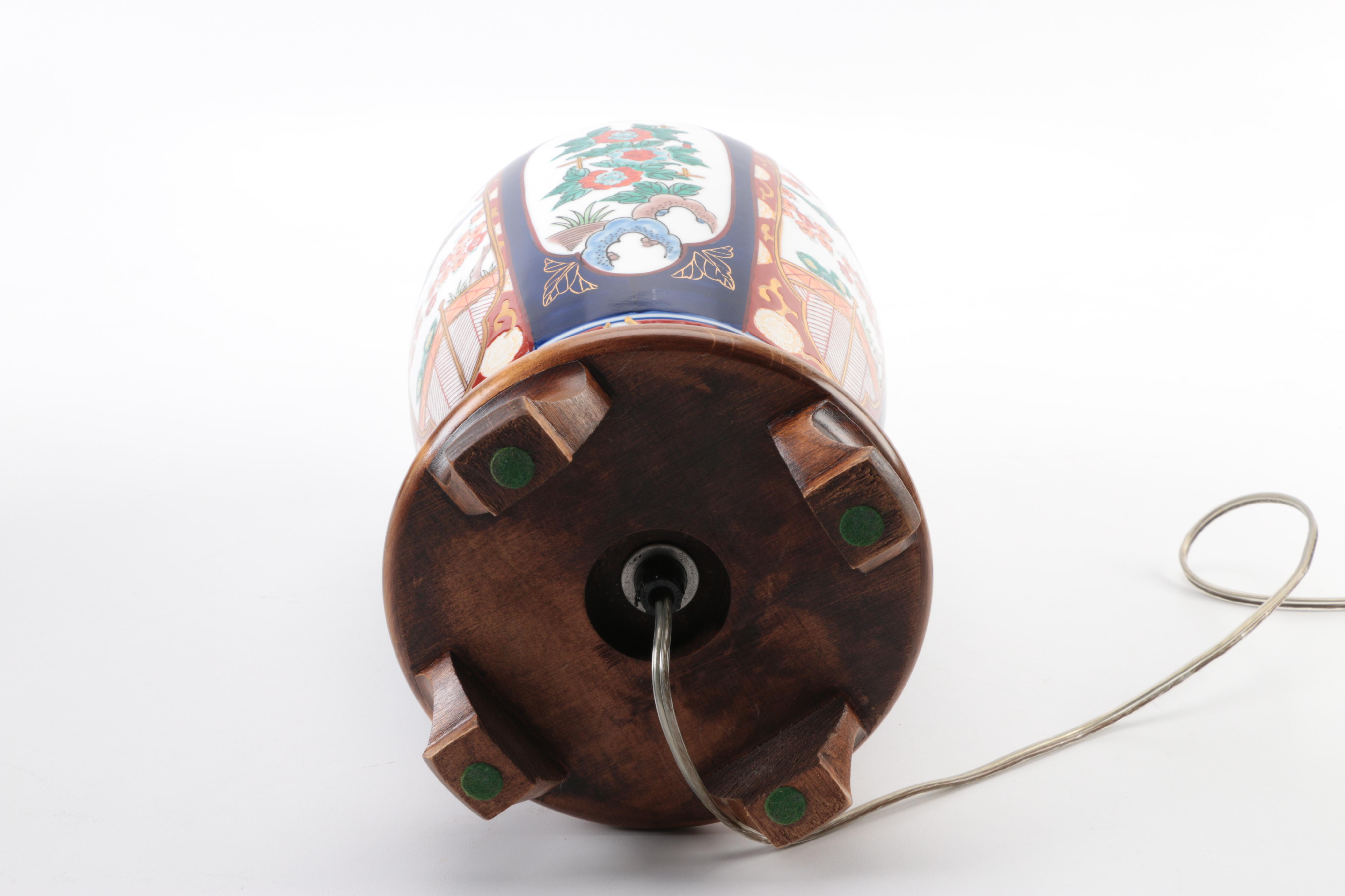 Japanese Porcelain Table Lamp with Wooden Base