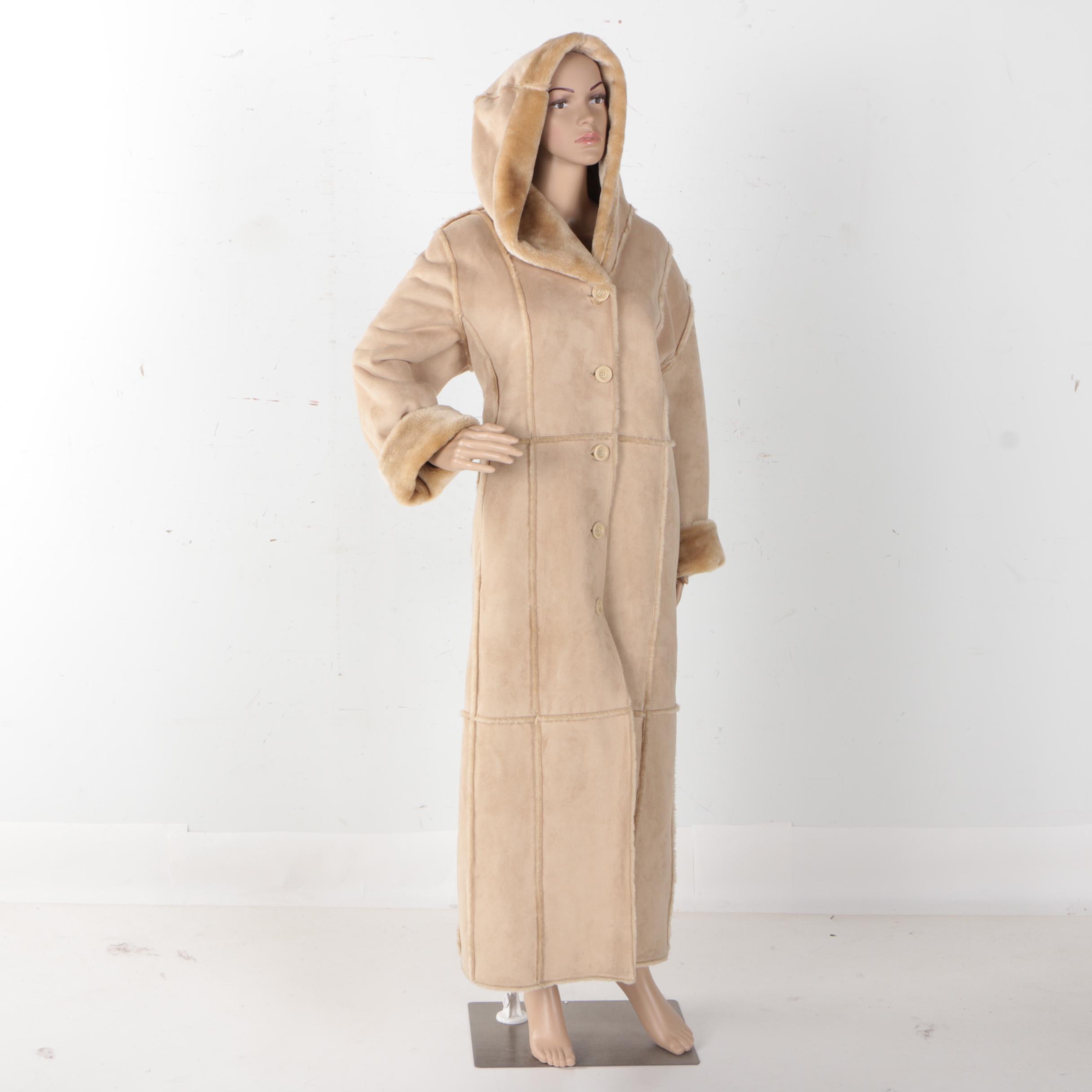 Danny Robert's Faux Fur and Faux Suede Full Length Coat With Hood