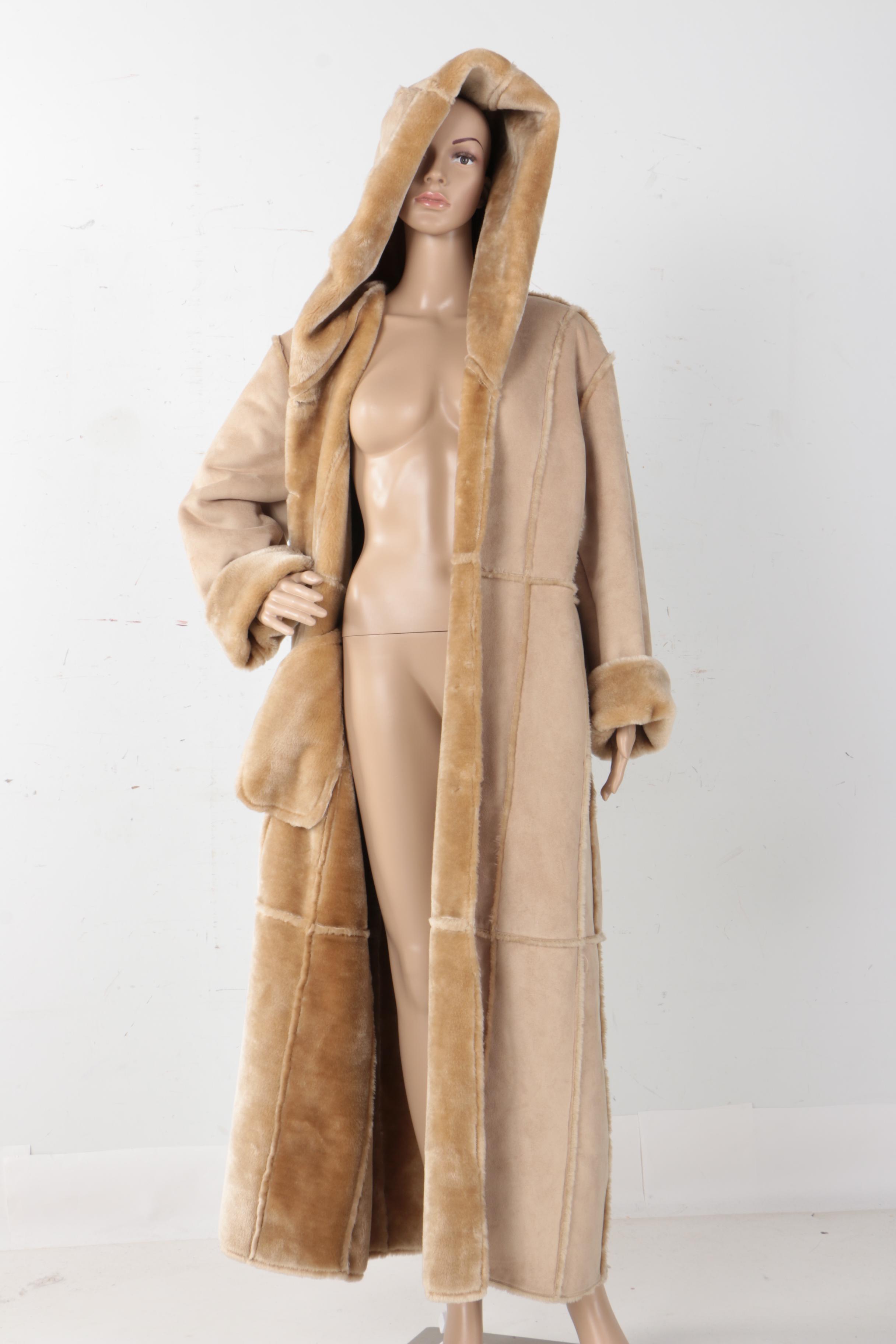 Danny Robert's Faux Fur and Faux Suede Full Length Coat With Hood