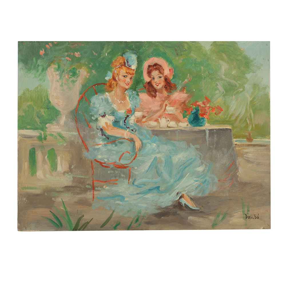 Oil Painting on Composite Panel of Garden Genre Scene