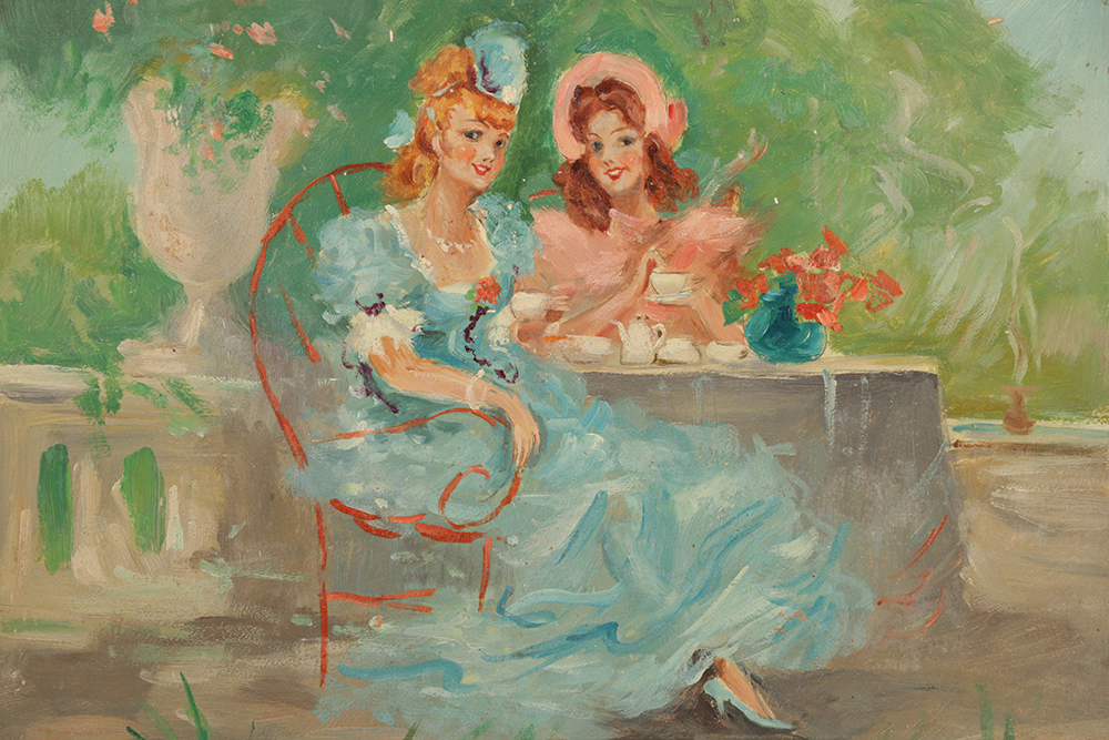 Oil Painting on Composite Panel of Garden Genre Scene