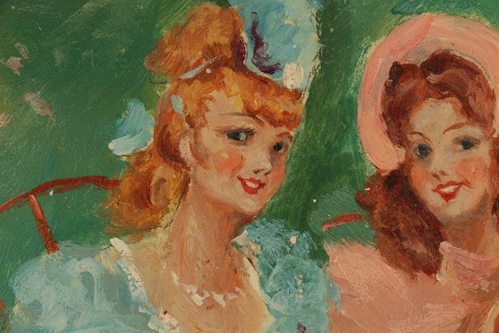 Oil Painting on Composite Panel of Garden Genre Scene