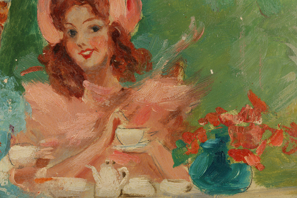 Oil Painting on Composite Panel of Garden Genre Scene