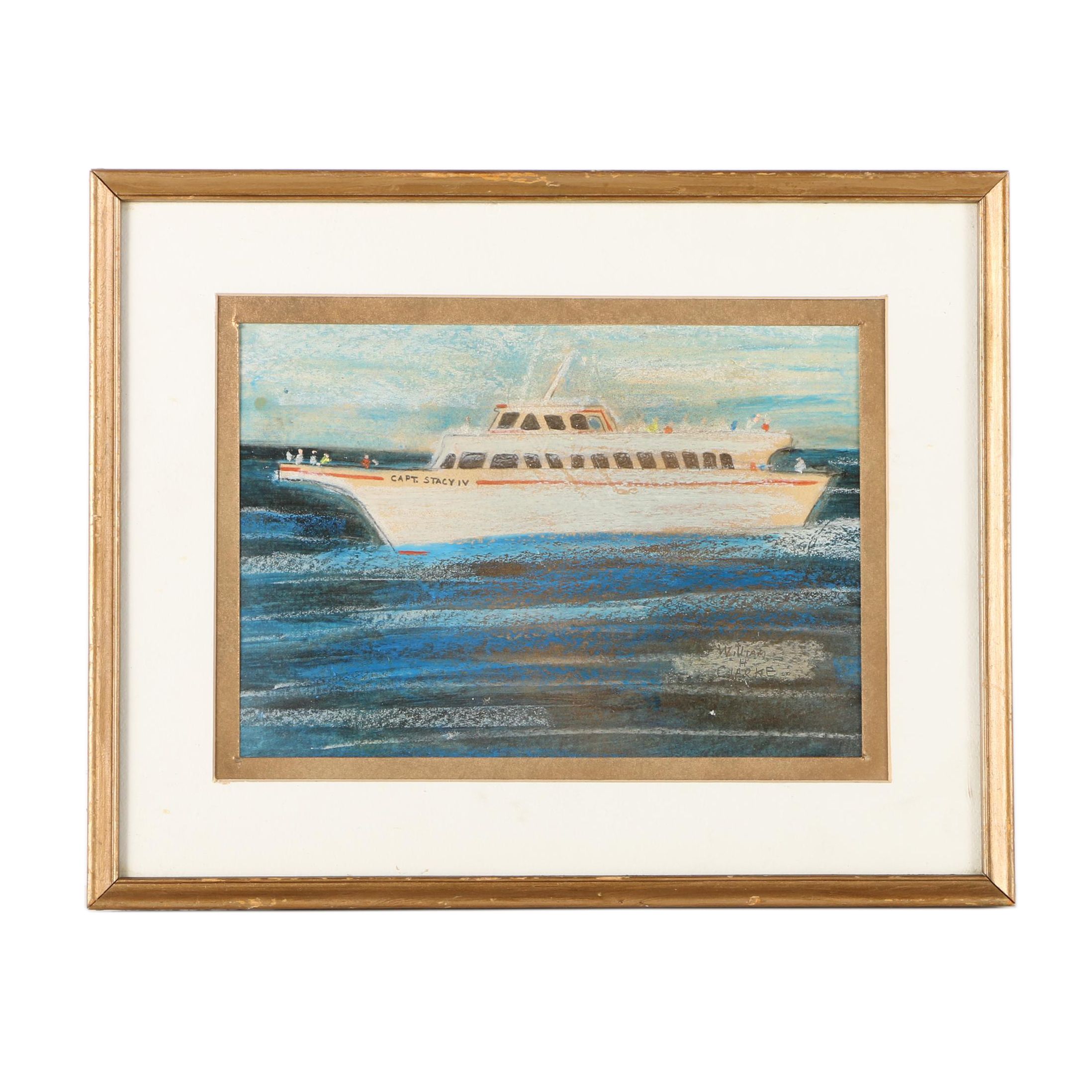 William H. Clarke Pastel Drawing of Yacht Capt. Stacy IV"
