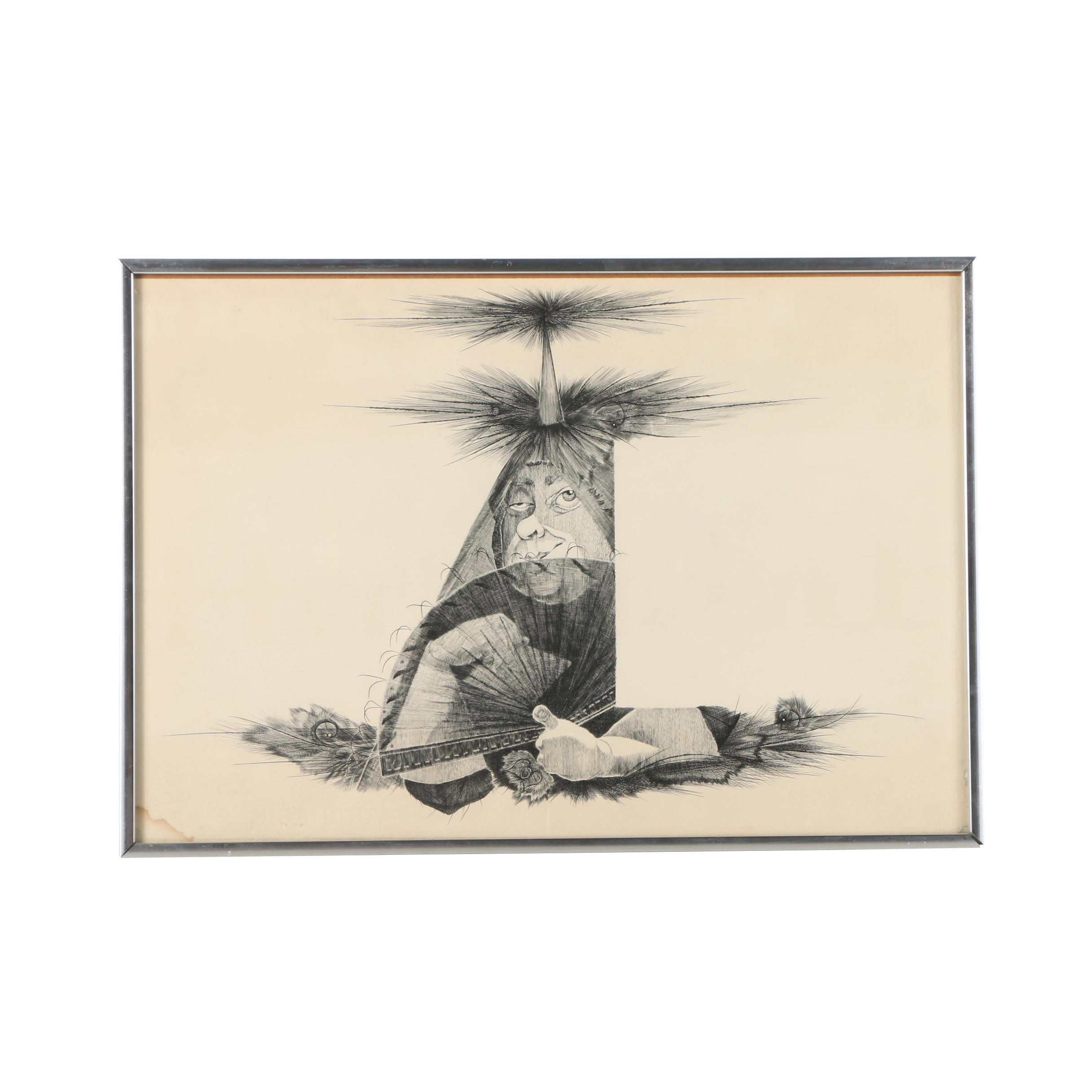 Engraving on Paper of Figure With Fan