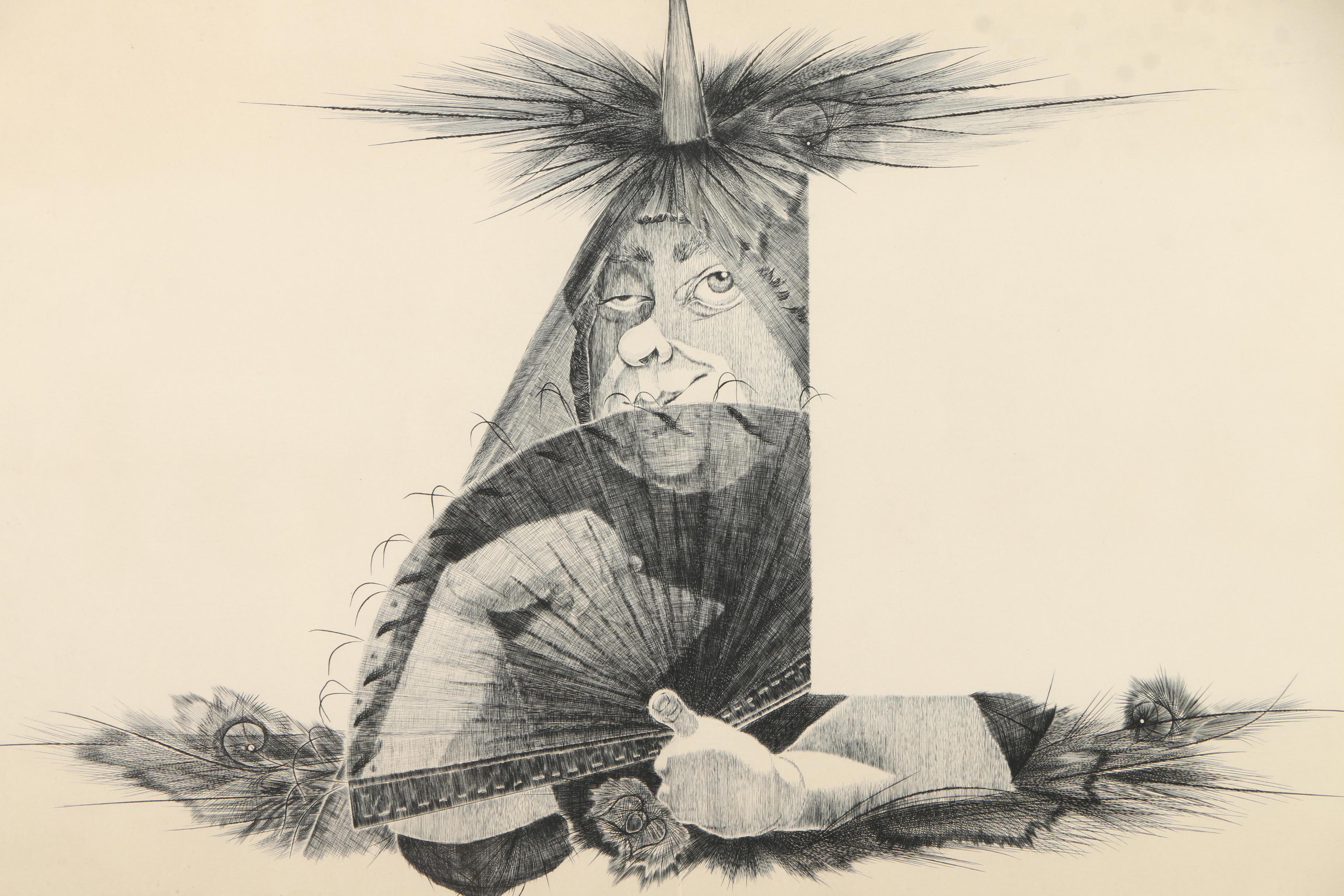 Engraving on Paper of Figure With Fan