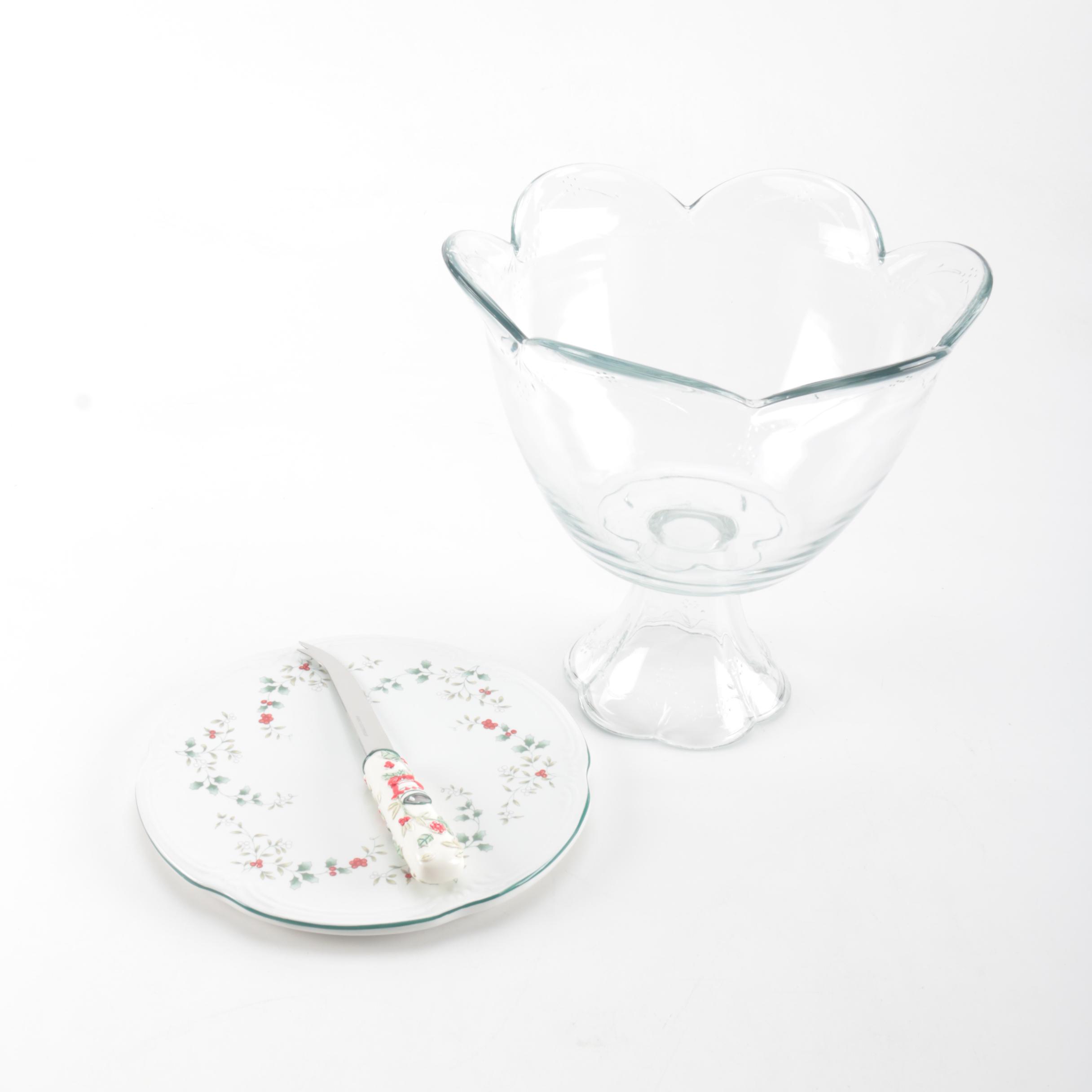Glass Compote Bowl With Pfaltzgraff Plate and Knife