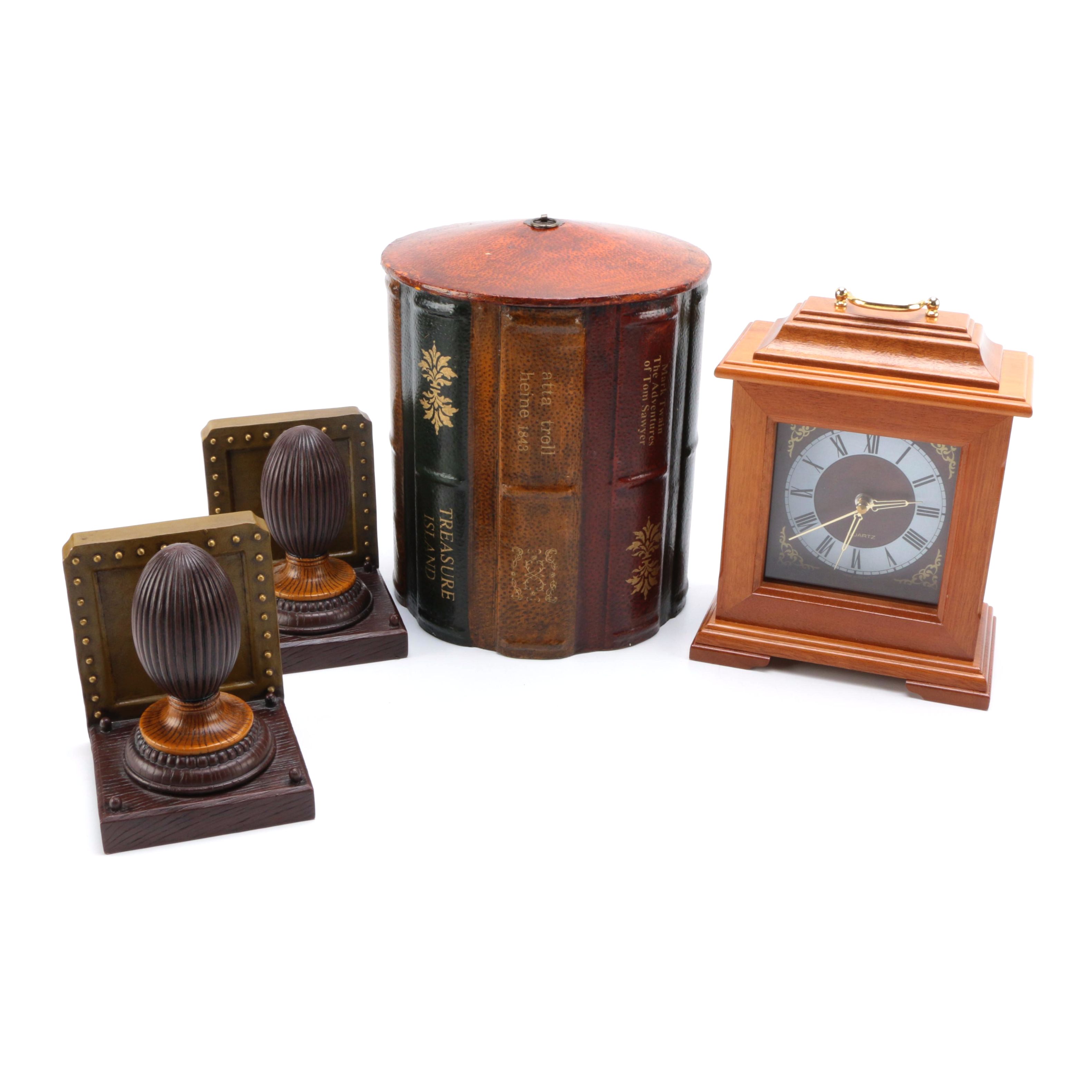 Wooden Bookends, Clock and Canister