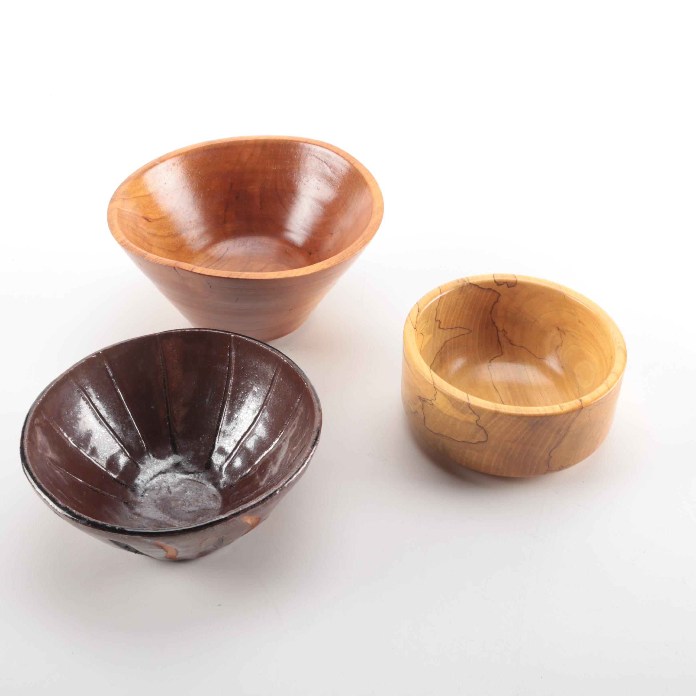 Set of Wood and Ceramic Bowls