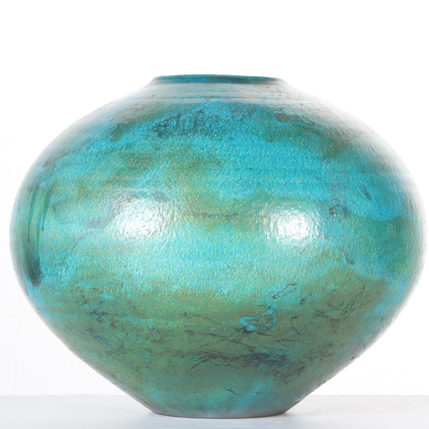 Large Raku Fired Blue and Green Vase