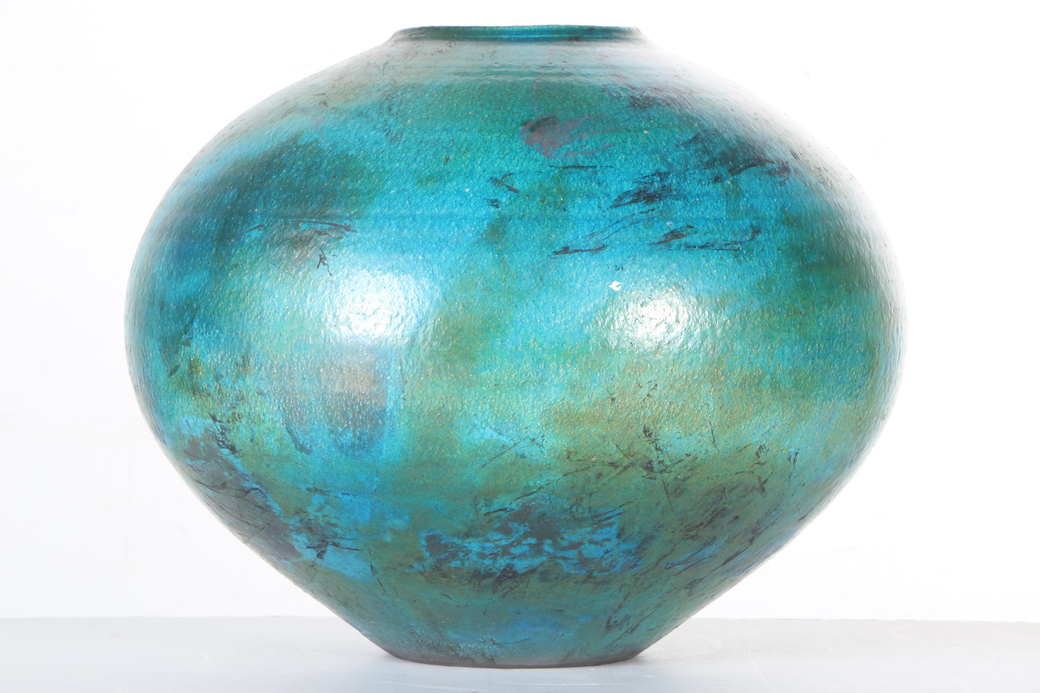 Large Raku Fired Blue and Green Vase