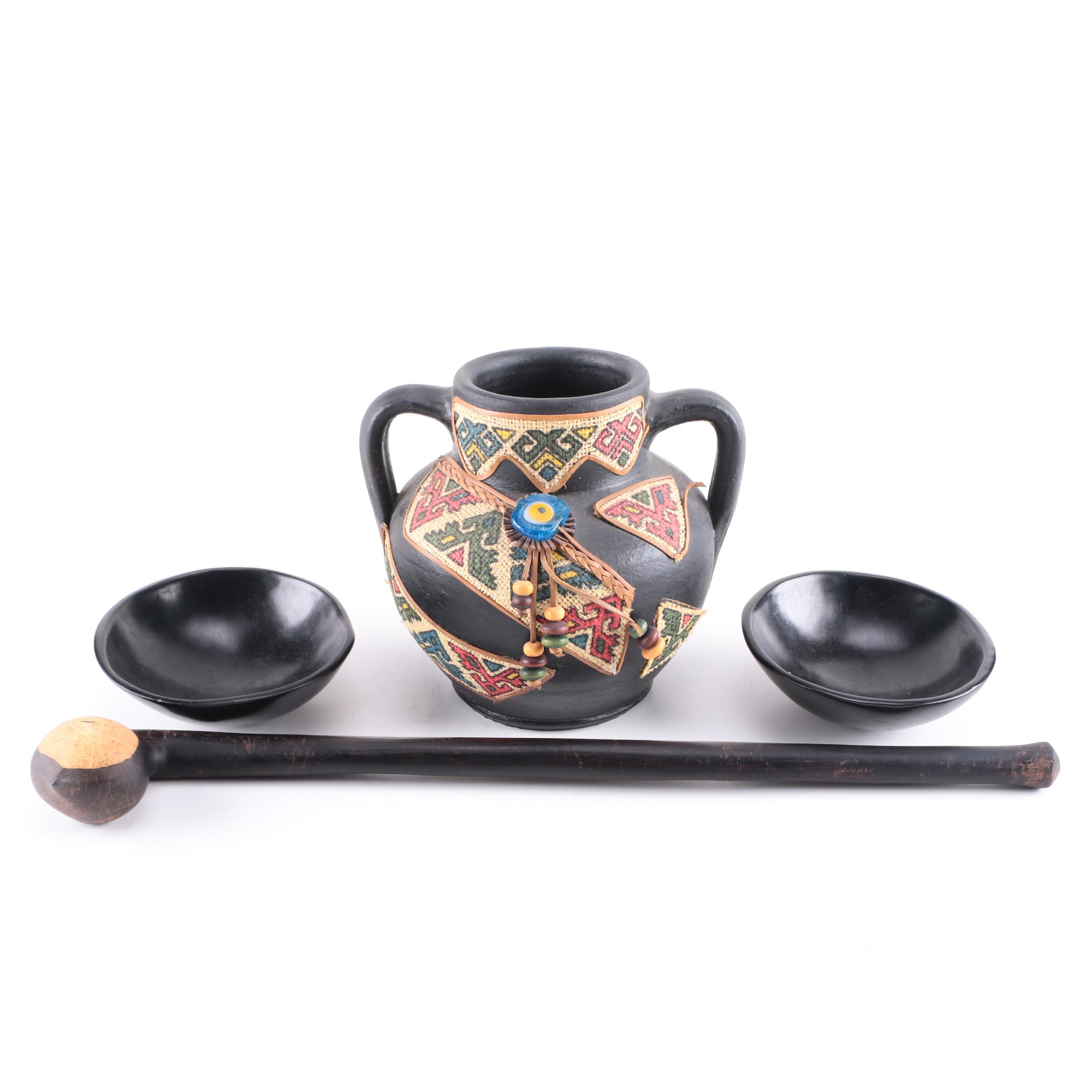 Double Handle Vase and Wooden Decor