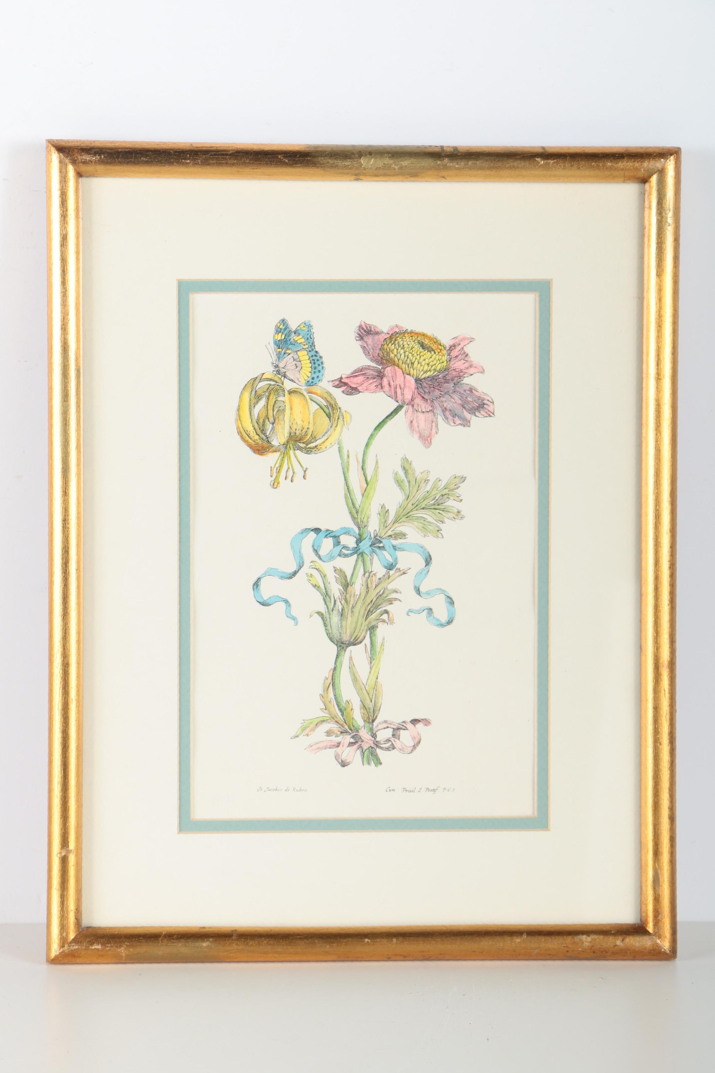 Two Hand-colored Lithographs After Jacobus de Rubeis of Flowers and Butterflies