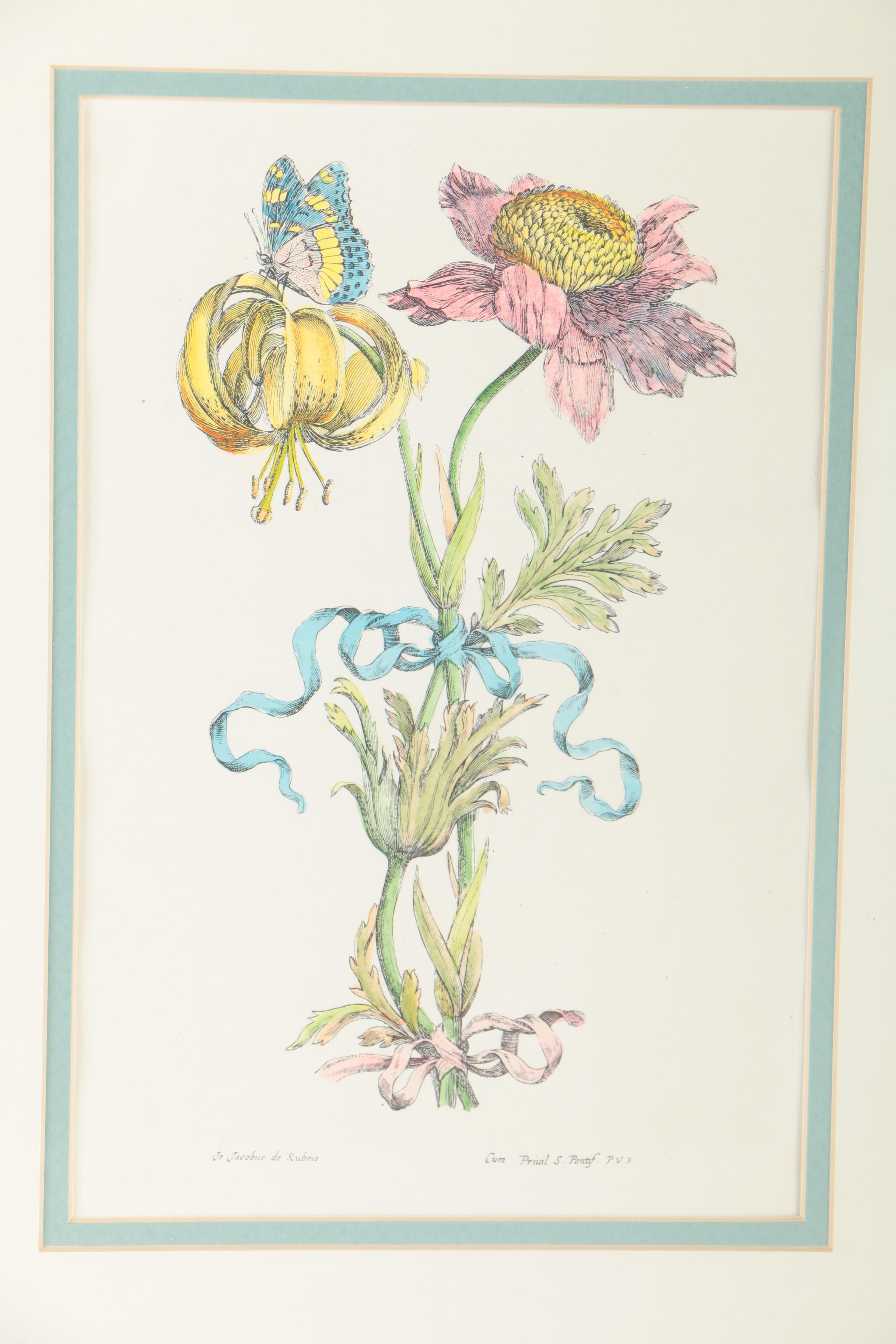 Two Hand-colored Lithographs After Jacobus de Rubeis of Flowers and Butterflies