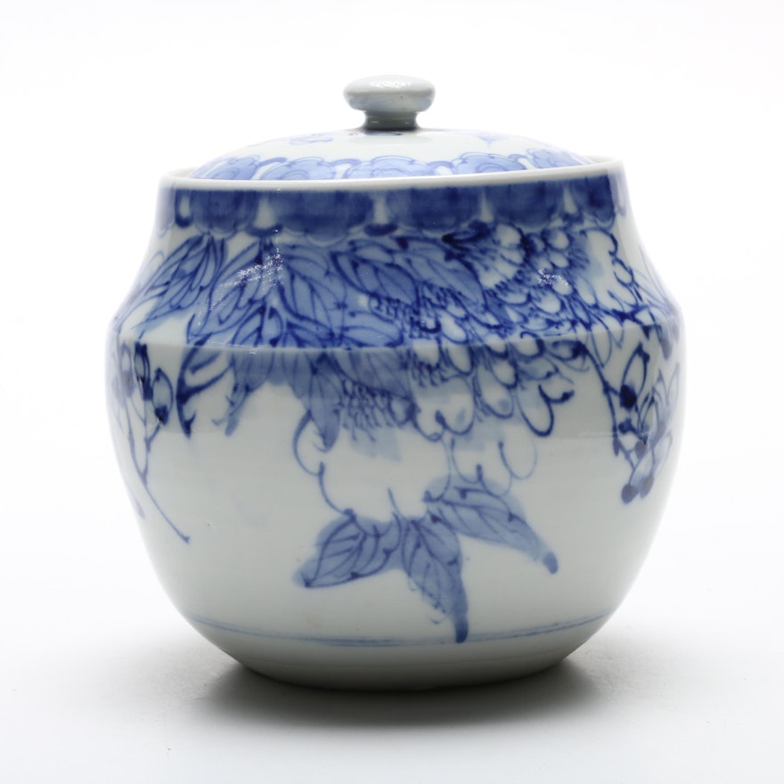 Hand Painted White and Blue Porcelain Lidded Jar