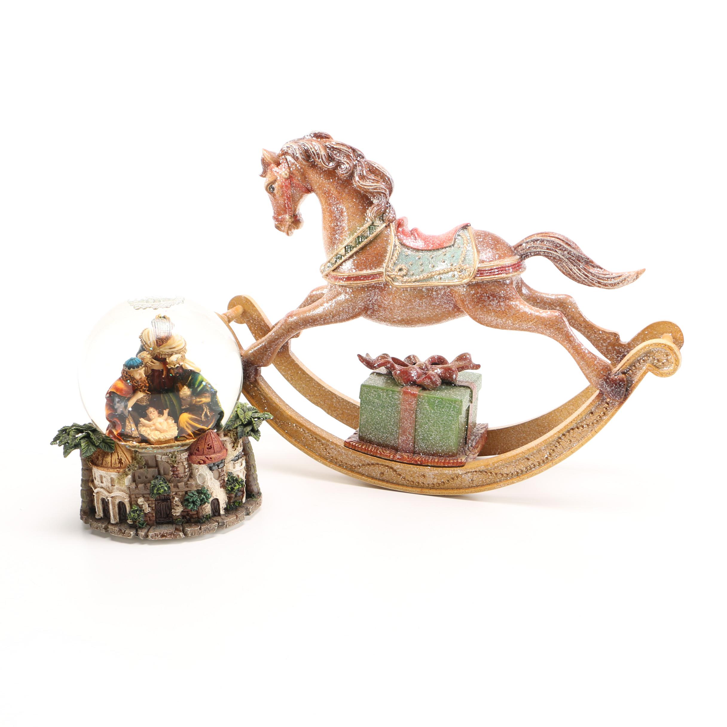 Three Kings Water Globe and Musical Rocking Horse