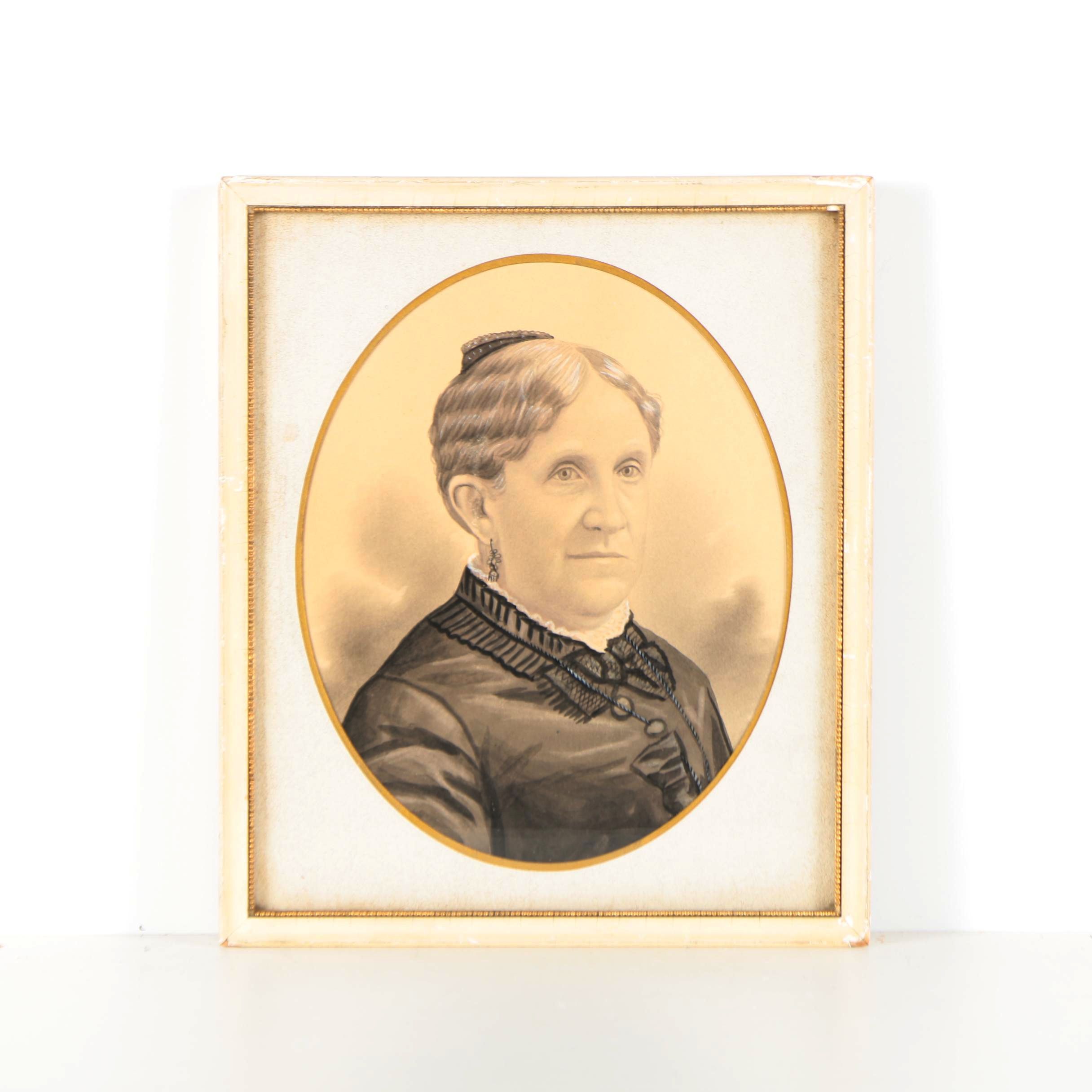 Ink and Gouache Portrait on Paper of a 19th Century Woman