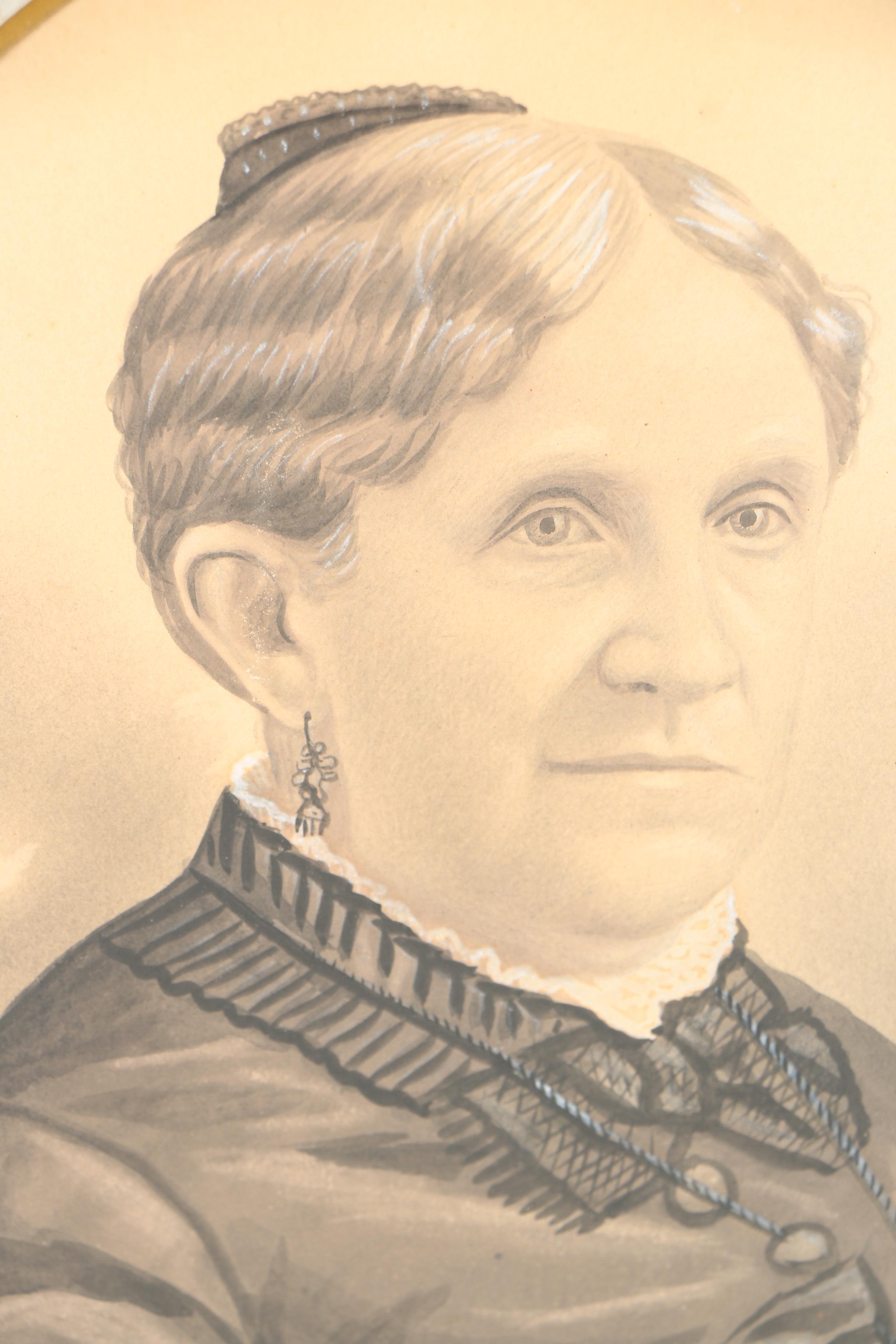 Ink and Gouache Portrait on Paper of a 19th Century Woman