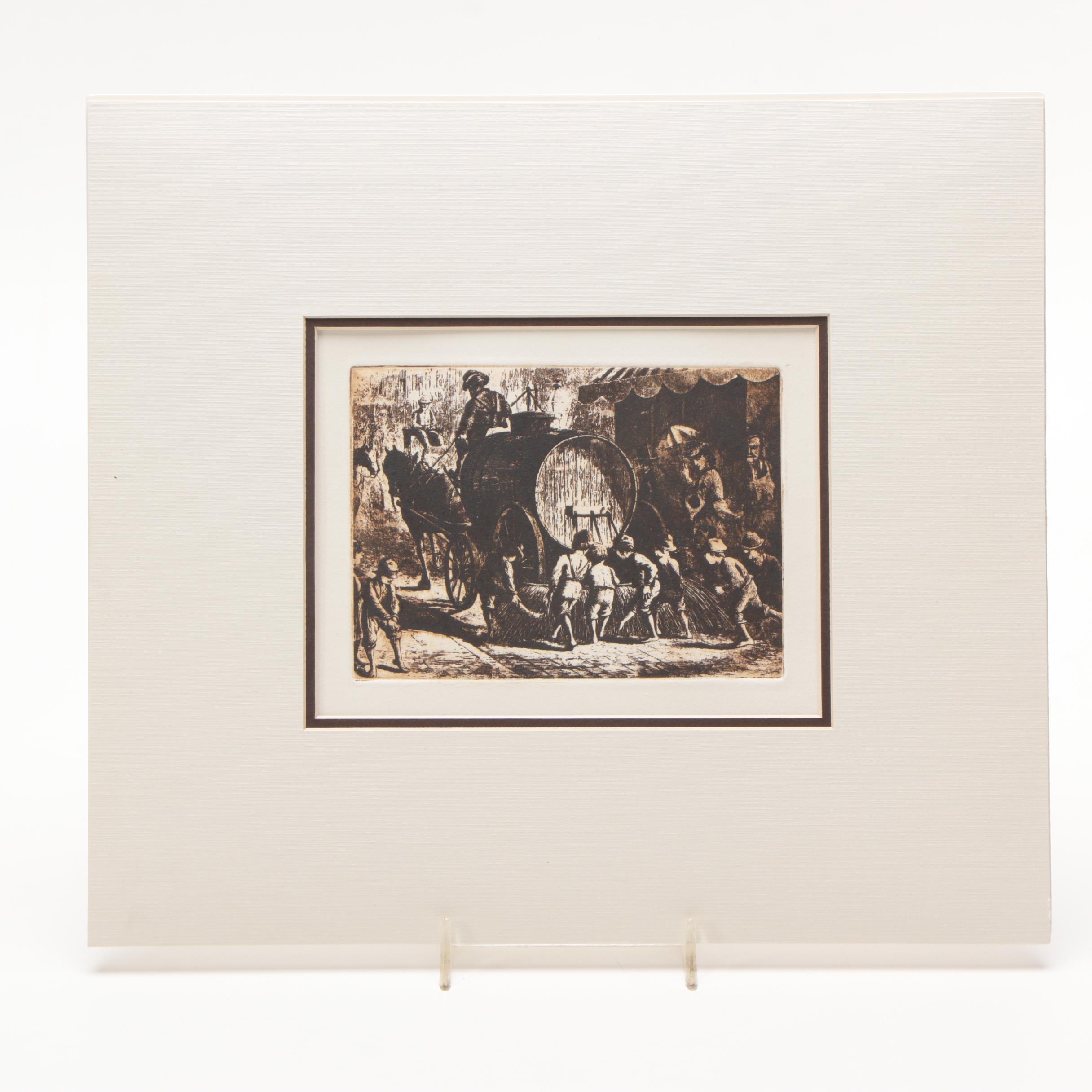 Original Etching Of Children Washing Their Feet