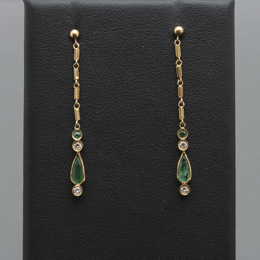 18K Yellow Gold Emerald and Diamond Dangle Drop Earrings