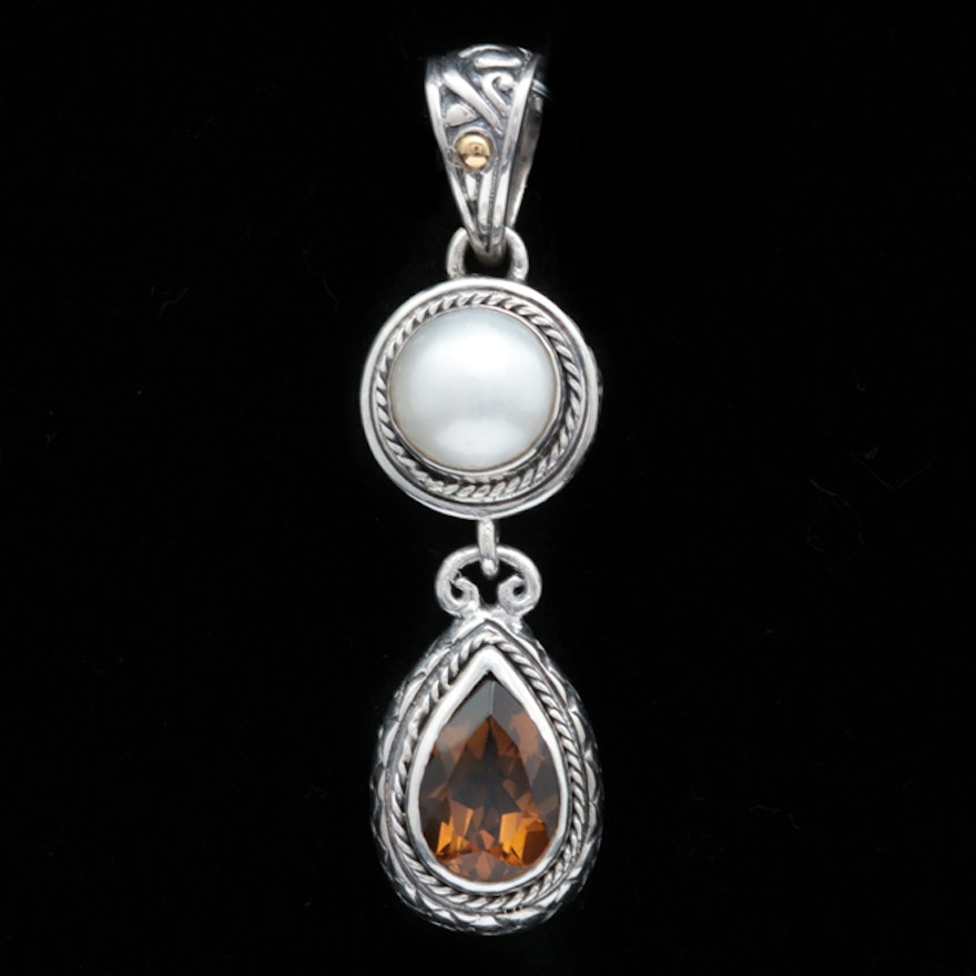 Sterling Silver, 18K Yellow Gold, Pearl and Smoky Quartz Pendant