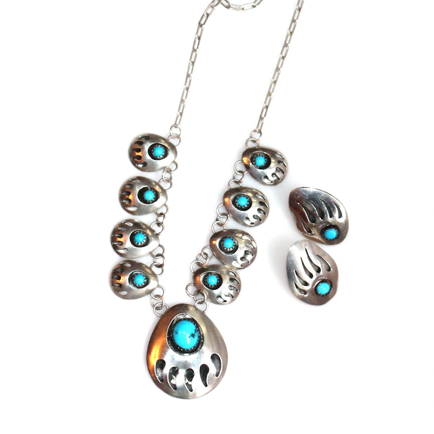 Sterling and Turquoise Bear Paw Necklace and Earrings