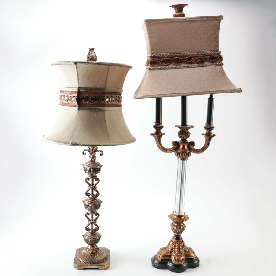 Wood an Metal Ornate Table lamps with Pagoda Shades