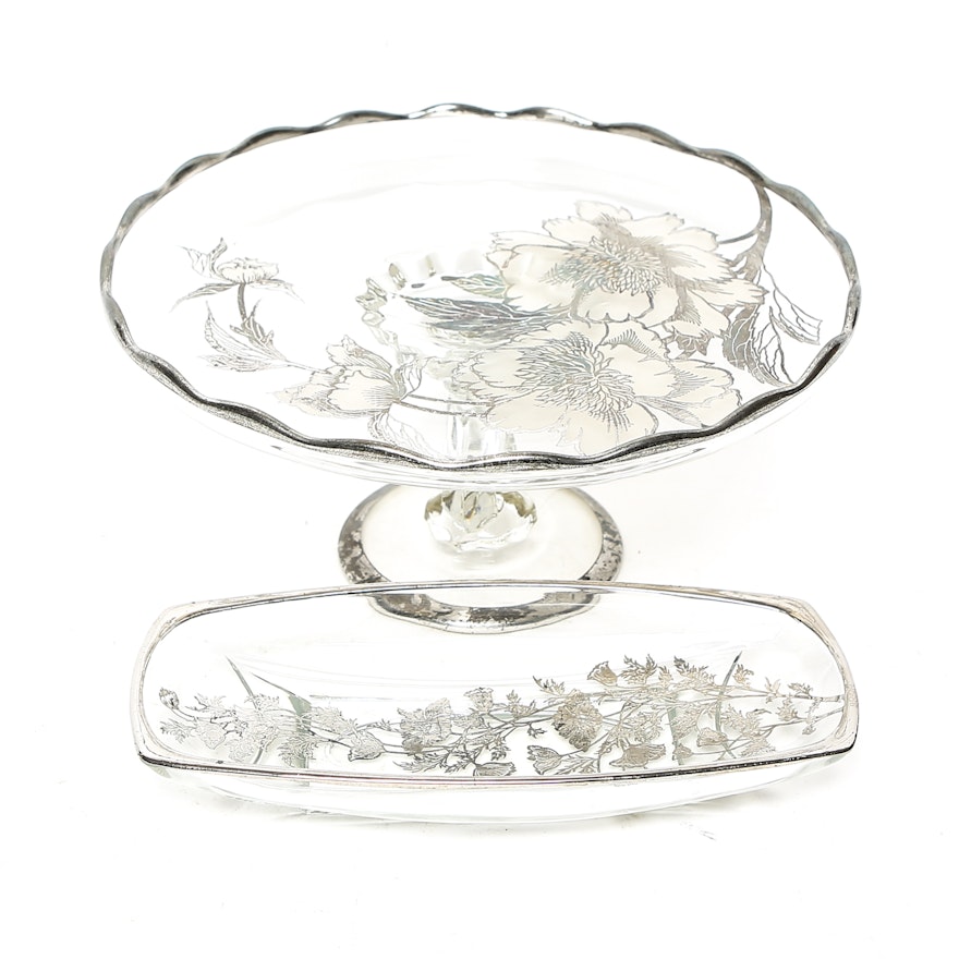 Glass Cake Plate and Serving Dish with Silver Tone Floral Overlay