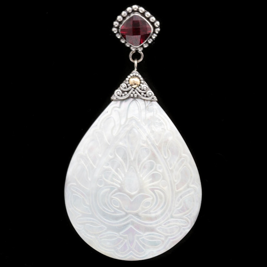 Sterling Silver, Mother of Pearl and Garnet Pendant