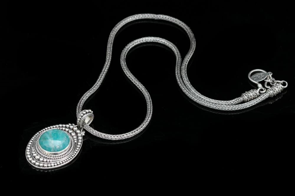 Sterling Silver and Amazonite Pendant with Robert Manse Sterling Silver Wheat Chain