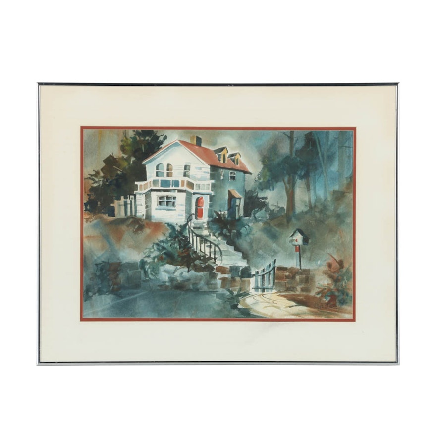 Phyllis Rutigliano Watercolor on Paper of a White House