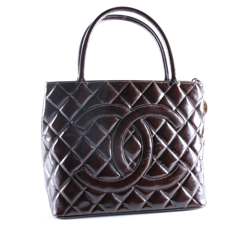 Chanel Brown Patent Leather Medallion Tote