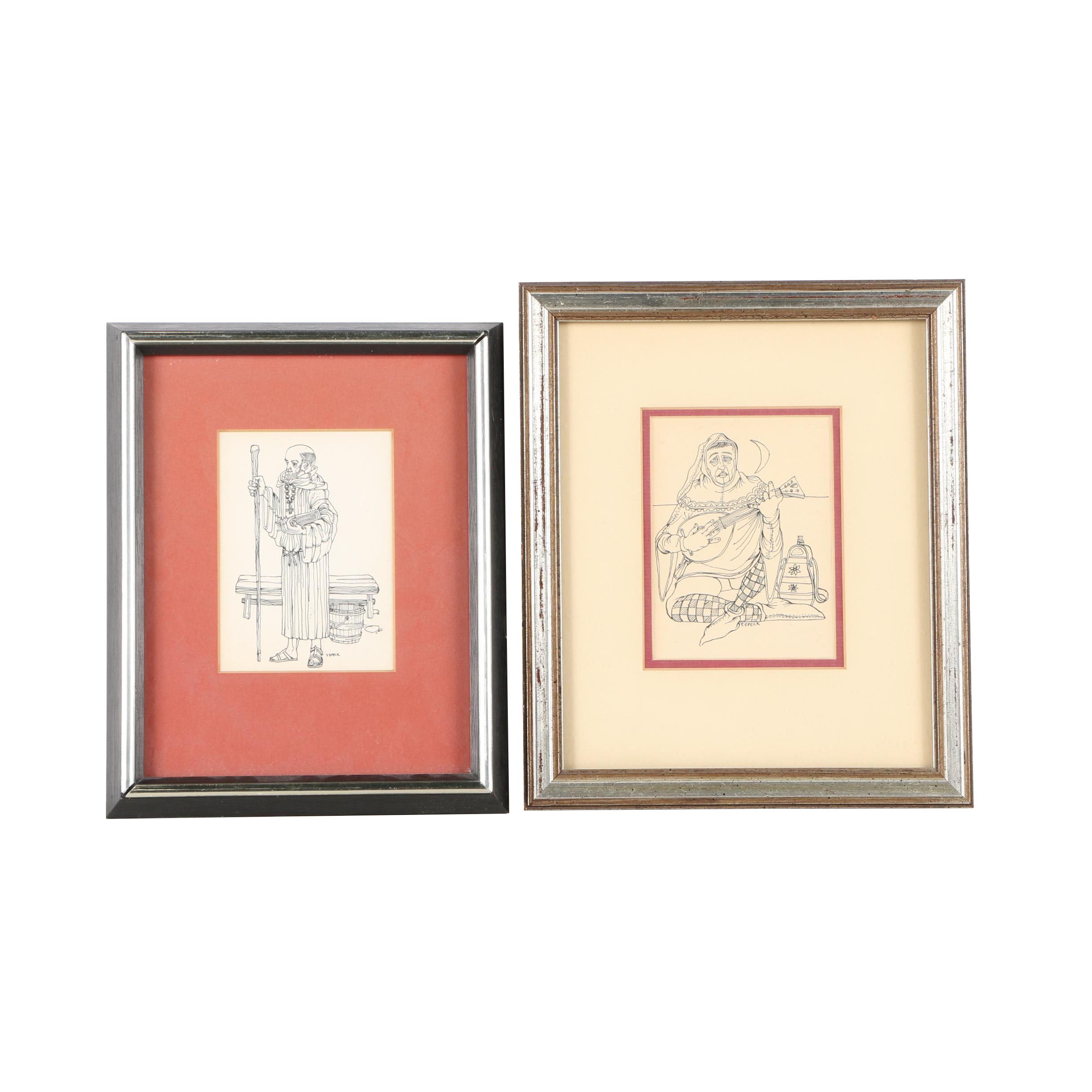 Tommy Speck Lithographs on Paper "Mandolin" and Friar