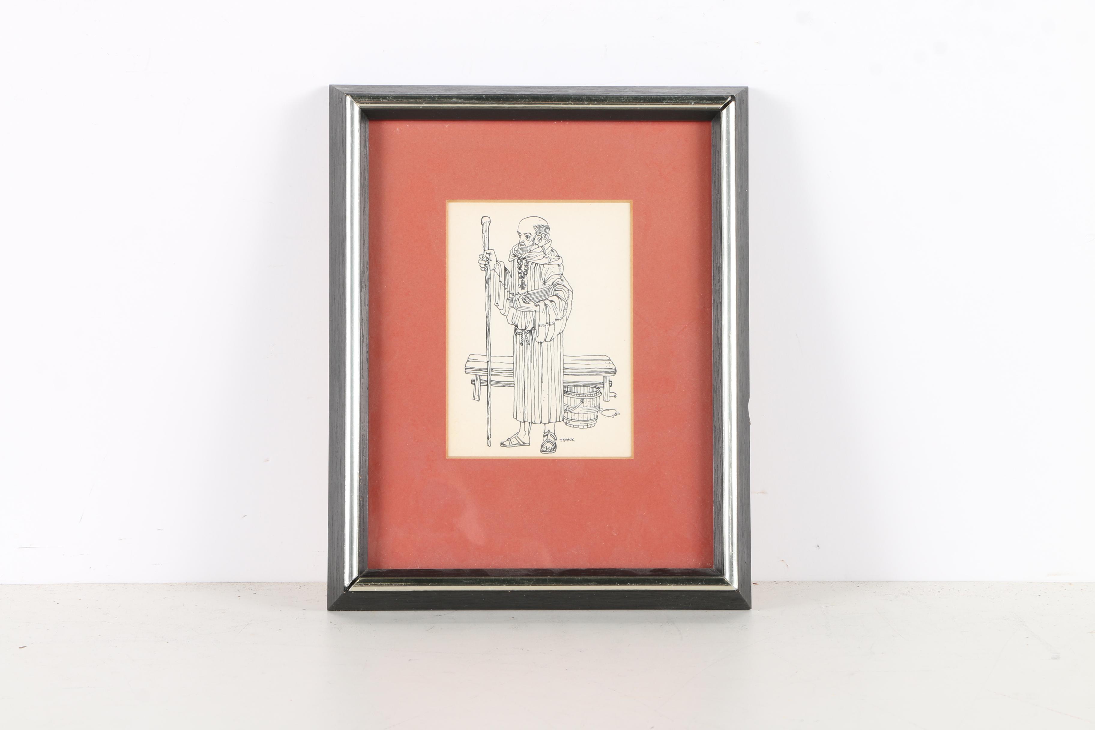 Tommy Speck Lithographs on Paper "Mandolin" and Friar