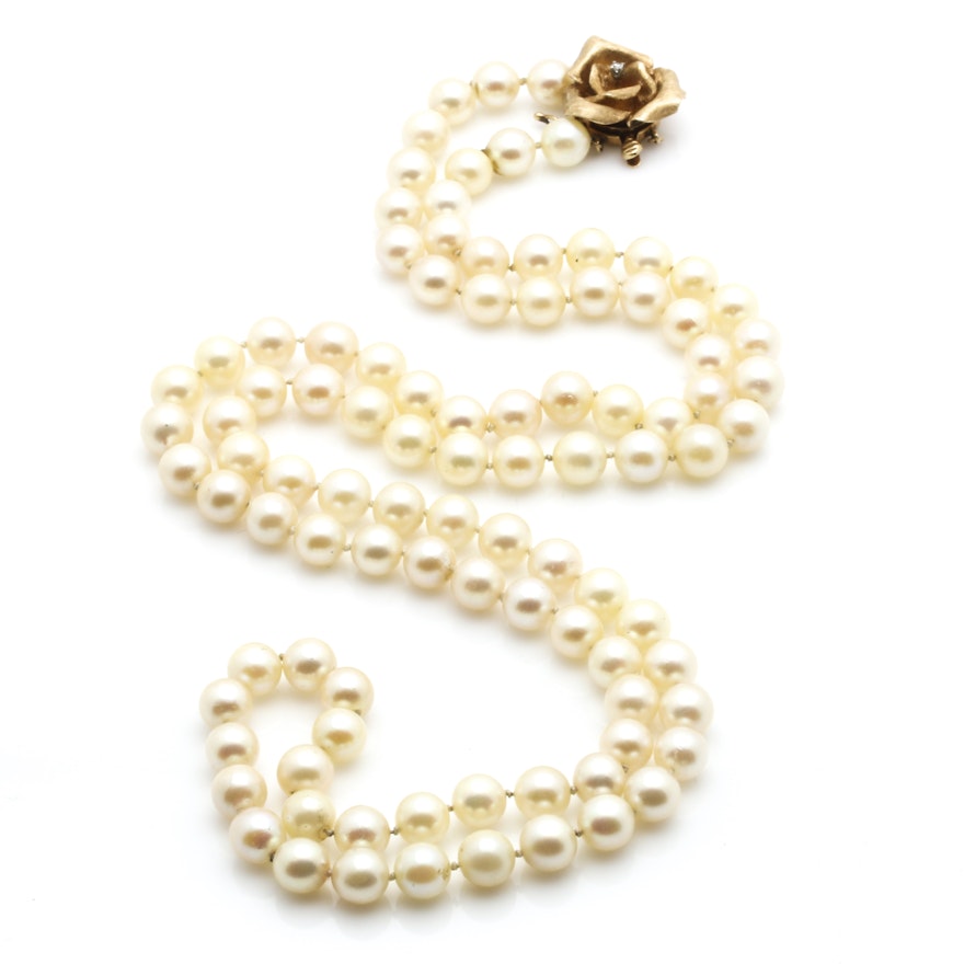 14K Yellow Gold Diamond and Cultured Pearl Necklace