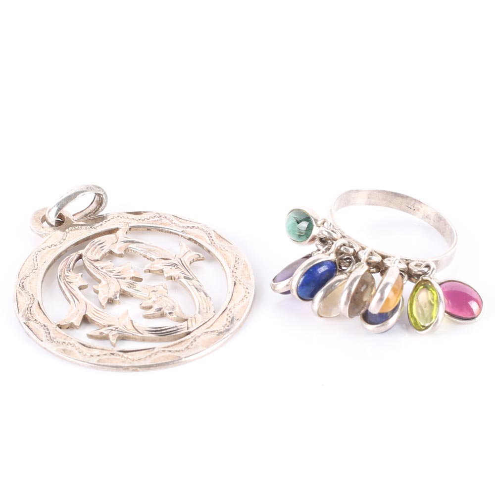 Sterling Silver Engraved Disc Pendant and Gemstone Charm Ring