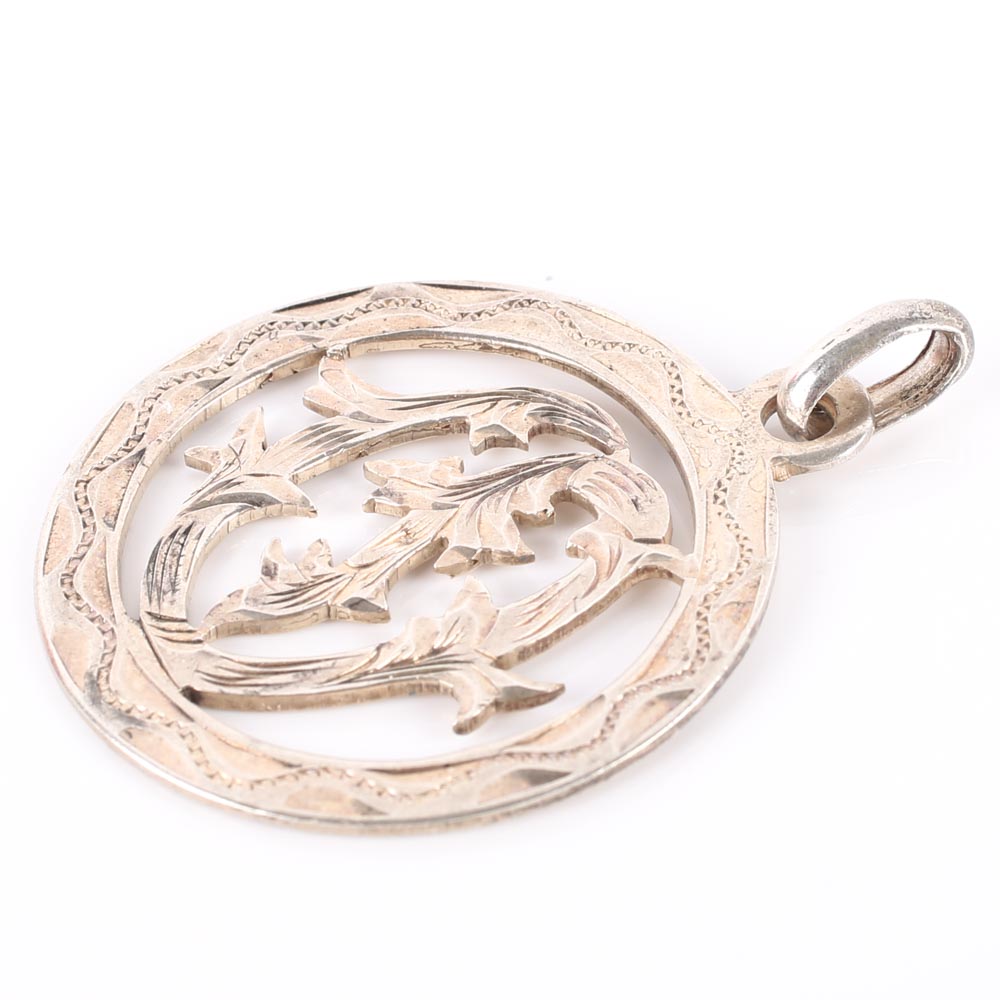 Sterling Silver Engraved Disc Pendant and Gemstone Charm Ring