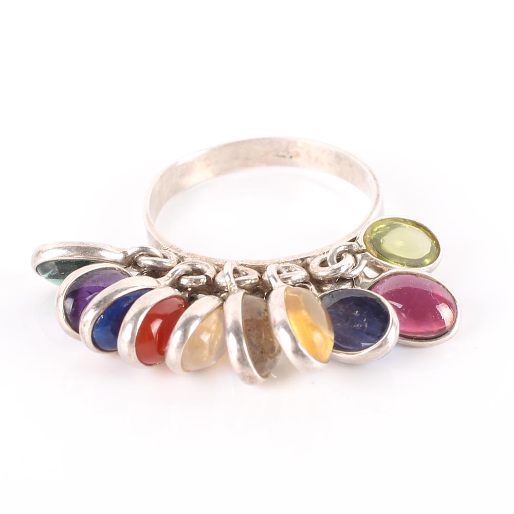 Sterling Silver Engraved Disc Pendant and Gemstone Charm Ring