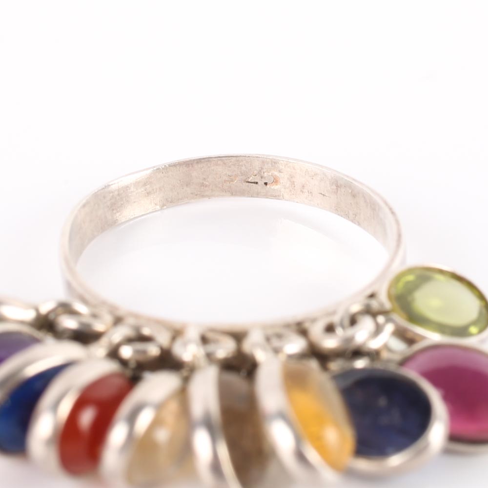 Sterling Silver Engraved Disc Pendant and Gemstone Charm Ring