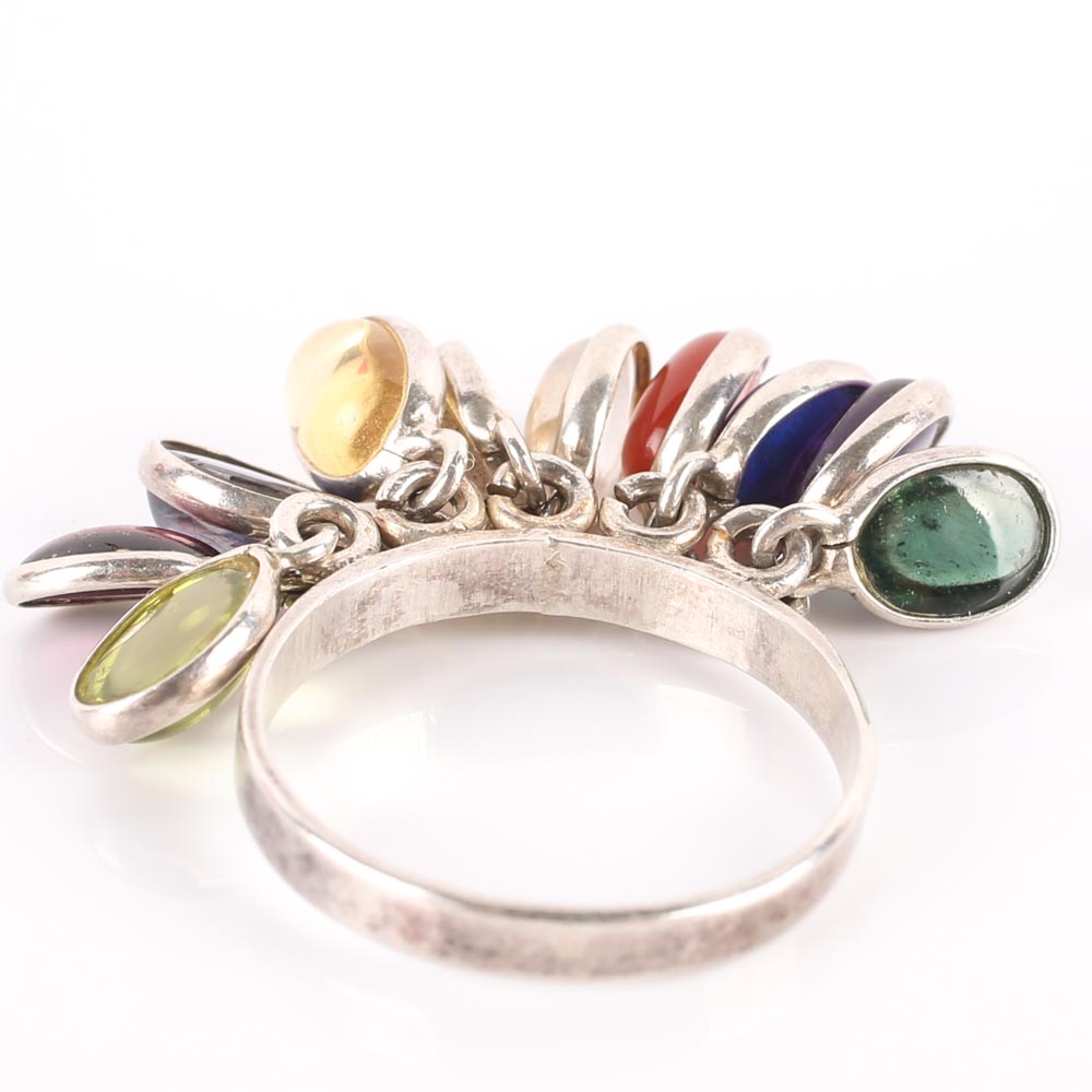 Sterling Silver Engraved Disc Pendant and Gemstone Charm Ring