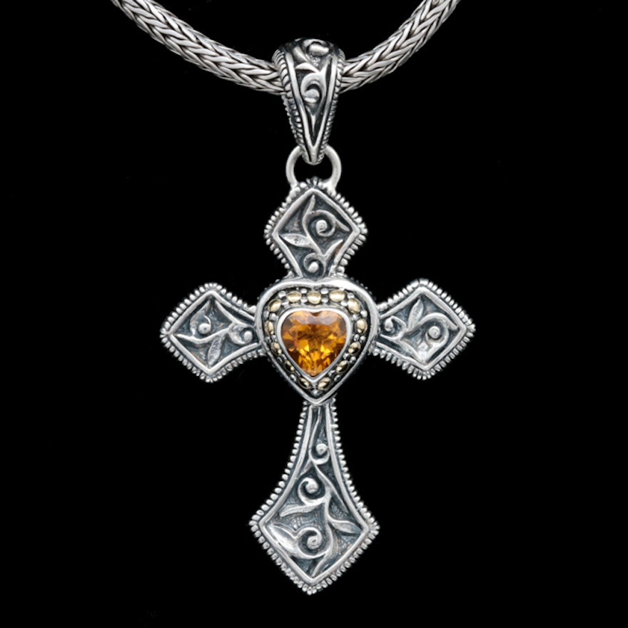 Robert Manse Sterling Silver, 18K Gold, and Citrine Cross with Robert Manse  Wheat Chain