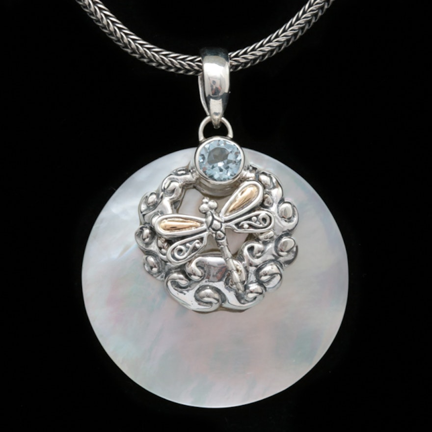 Sterling Silver, Mother of Pearl and Blue Topaz Pendant with Robert Manse Wheat Chain