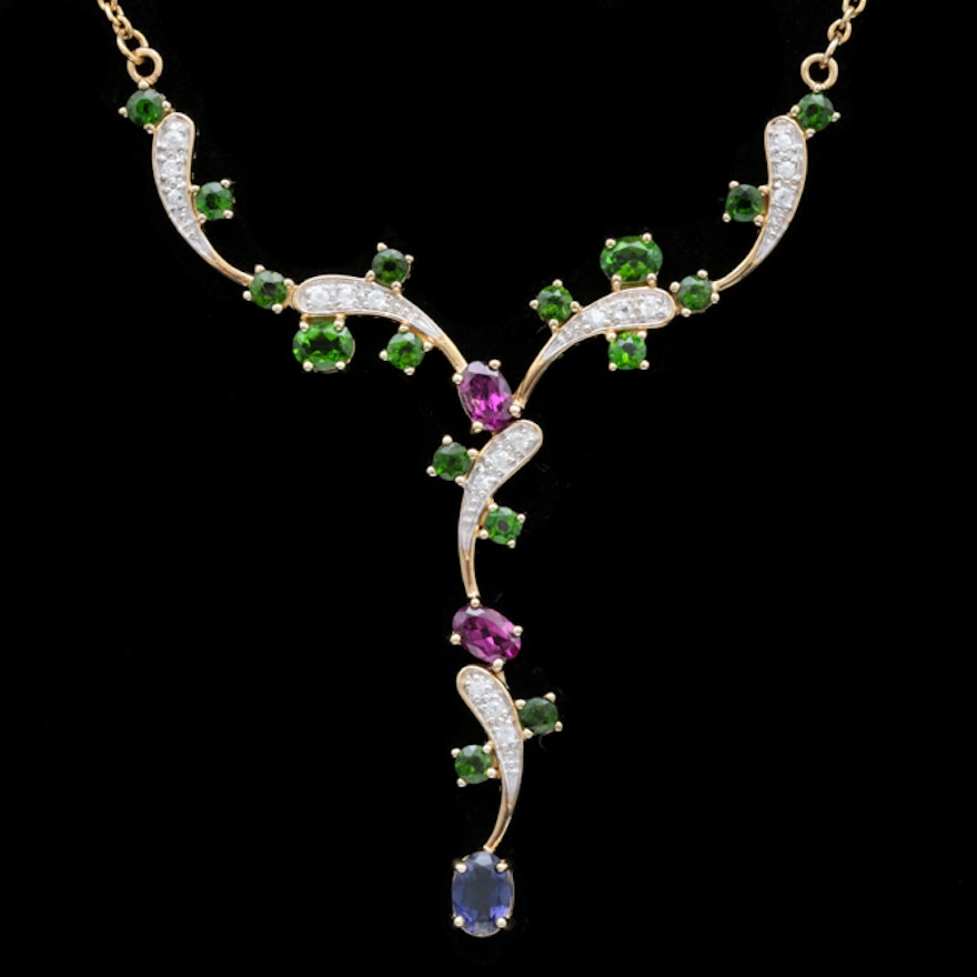 Gold Plated Sterling Silver, White Sapphire, Chrome Diopside, Iolite, and Garnet Necklace