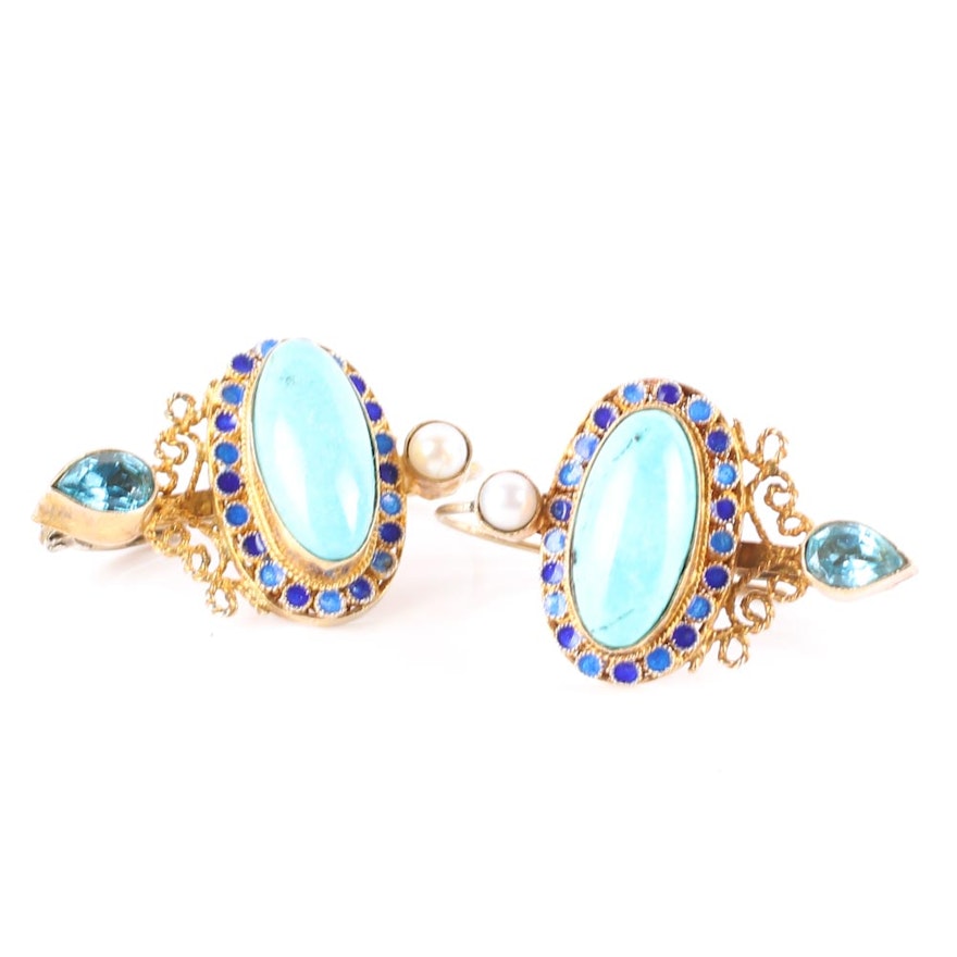 Gold Wash Sterling Silver Turquoise, Pearl and Blue Stone Earrings