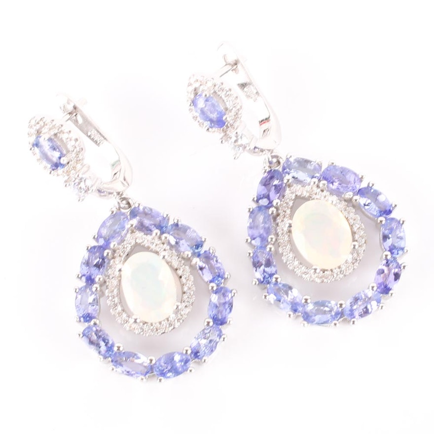 Sterling Silver Opal and Tanzanite Dangle Earrings