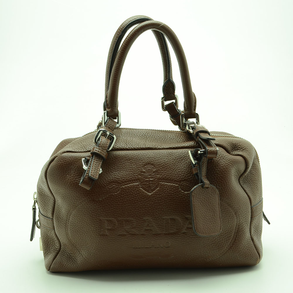 Prada Bruciato Leather Vitello Daino Tessuto Print Bauletto Bag