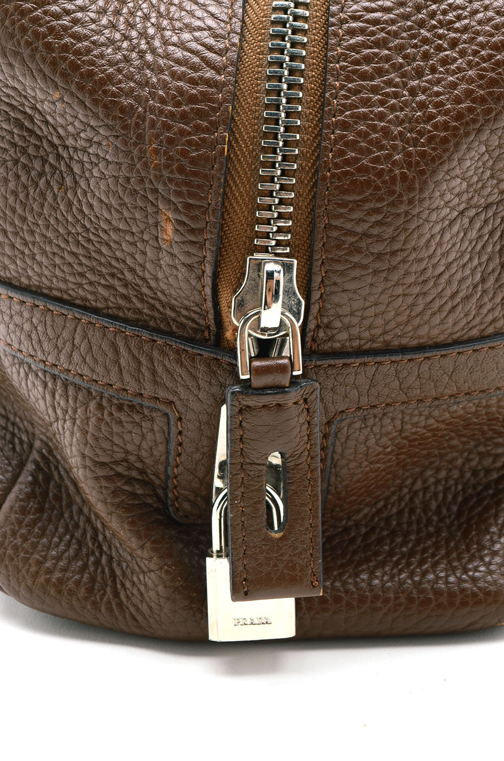 Prada Bruciato Leather Vitello Daino Tessuto Print Bauletto Bag